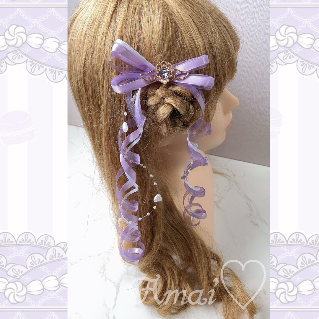 天使の羽♡ ハートパールガーランド♡カールリボン♡紫/3色/量産型/ヘアメ レディースのヘアアクセサリー(ヘアピン)の商品写真