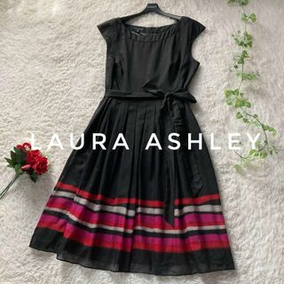 ローラアシュレイ(LAURA ASHLEY)のローラアシュレイ　フレアワンピース　ウエストリボン　ボーダー　大きいサイズ3L(ひざ丈ワンピース)