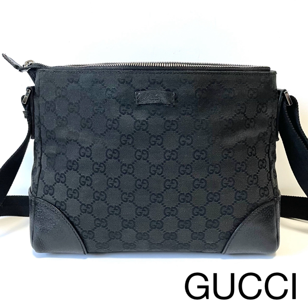 Gucci(グッチ)の【良品】GUCCI グッチ  ショルダーバッグ　GGキャンバス×レザー　黒 レディースのバッグ(ショルダーバッグ)の商品写真