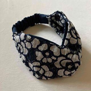 ネイビー刺繍花柄レース　ハンドメイド　クロスターバン(ヘアバンド)