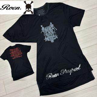 美品■Roen ロエン■レザーループ サテンパイピング シルク混 Tシャツ 46