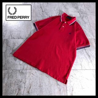 フレッドペリー(FRED PERRY)のFRED PERRY 鹿の子 ピケ ライン ポロシャツ 赤 M 刺繍ロゴ(ポロシャツ)