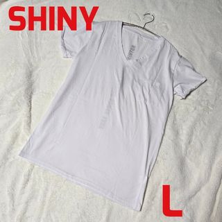 SHINY　半袖　Tシャツ　Vネック　ホワイト　白　Ｌ　ロゴ(Tシャツ/カットソー(半袖/袖なし))