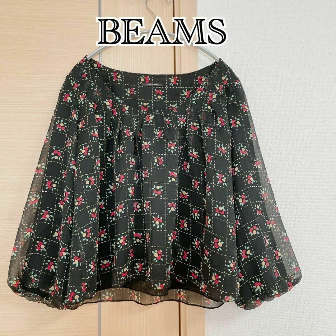 Ray BEAMS(レイビームス)の.レイビームス Beams ブラウス シフォン 花柄 チェック 七分袖 黒 レディースのトップス(シャツ/ブラウス(長袖/七分))の商品写真