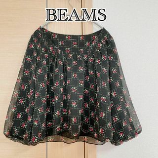 レイビームス(Ray BEAMS)の.レイビームス Beams ブラウス シフォン 花柄 チェック 七分袖 黒(シャツ/ブラウス(長袖/七分))