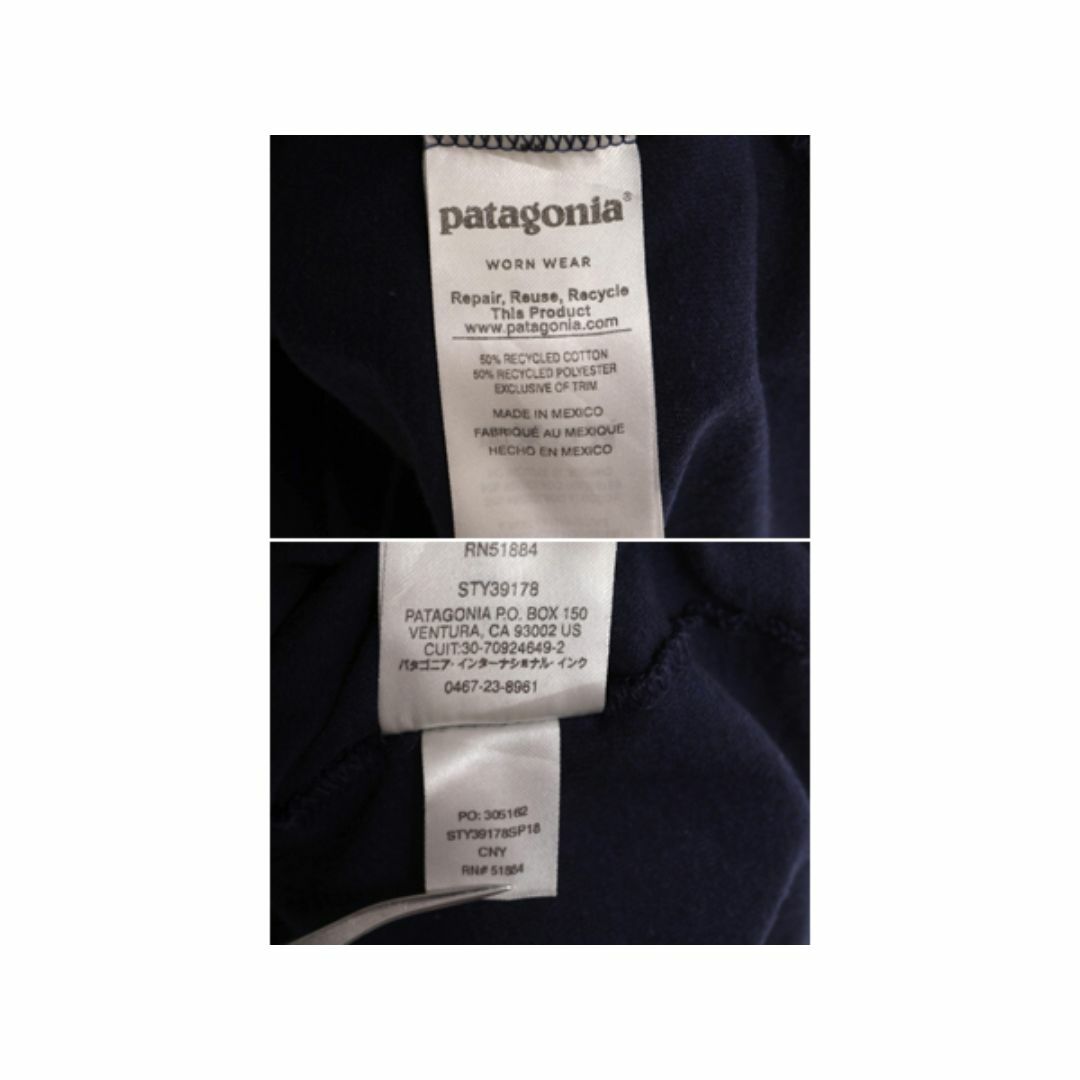 patagonia(パタゴニア)の18年製 パタゴニア ポケット付き 両面 プリント 半袖 Tシャツ メンズ M / Patagonia アウトドア ポケT P6 ボックスロゴ バックプリント 紺 メンズのトップス(Tシャツ/カットソー(半袖/袖なし))の商品写真