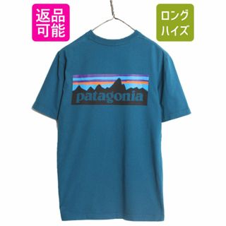 パタゴニア(patagonia)の16年製 パタゴニア 両面 プリント 半袖 Tシャツ メンズ XS 古着 Patagonia アウトドア フィッツロイ P6 バックプリント ボックスロゴ 青 緑(Tシャツ/カットソー(半袖/袖なし))