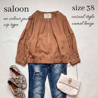 ◆美品◆saloon◆薄手ノーカラージャケット◆キャメルベージュ◆裏地なし◆M