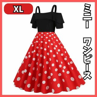 ワンピース ドレス XL 赤 水玉 ドット ディズニー ミニー風 コスプレ(衣装一式)