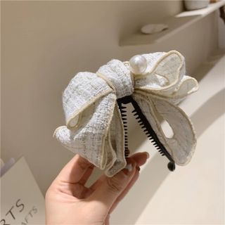 【残３】リボン　ヘアクリップ　バナナクリップ　パール　上品　きれいめ　ツイード(バレッタ/ヘアクリップ)