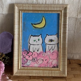 絵画。原画手描【月光の下でピンクの庭でデートしている2匹の猫】(絵画/タペストリー)