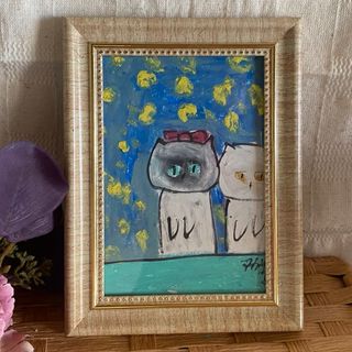 絵画。原画手描【2匹の猫が一緒にデートして美しい星の光を見る】(絵画/タペストリー)