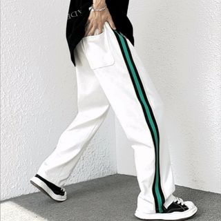 【人気商品】メンズ　ライン　パンツ　XL　白　緑　ワークパンツ　ストリート(その他)