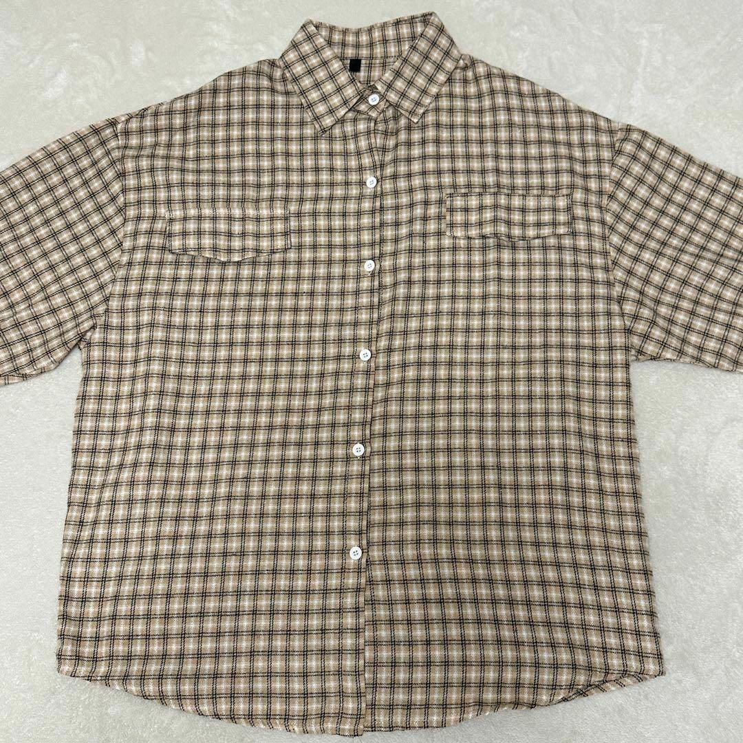 Mangrove(マングローブ)のMANGROVE 長袖チェックシャツ　オーバーサイズ　ベージュ　サイズF レディースのトップス(シャツ/ブラウス(長袖/七分))の商品写真
