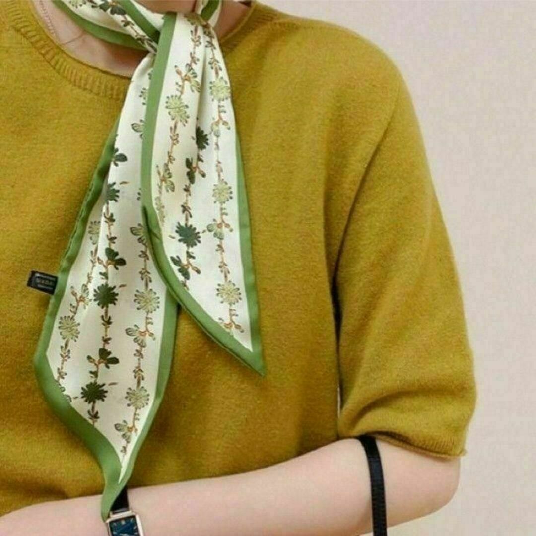 リボンスカーフ 秋色 花柄 グリーン シルク風高見え ヘアバンド バッグスカーフ レディースのファッション小物(バンダナ/スカーフ)の商品写真