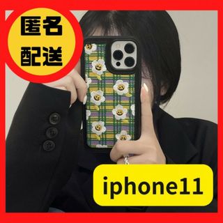 iPhone11フラワースマイル刺繍ケース 柔らかい 刺繡入り チェック柄