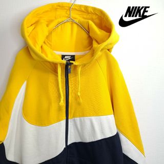 NIKE - 【人気】NIKE ビッグスウッシュ ジップアップ パーカー 黄×紺×白 M