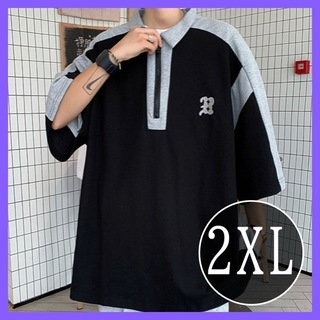 【最安値】　ポロシャツ　スウェットシャツ　襟付き　半袖　オーバーサイズ　黒(Tシャツ/カットソー(七分/長袖))