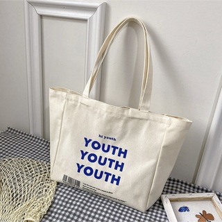 youth ロゴ トートバッグ ホワイト 白 お出かけ 買い物 A4サイズ収納可(トートバッグ)