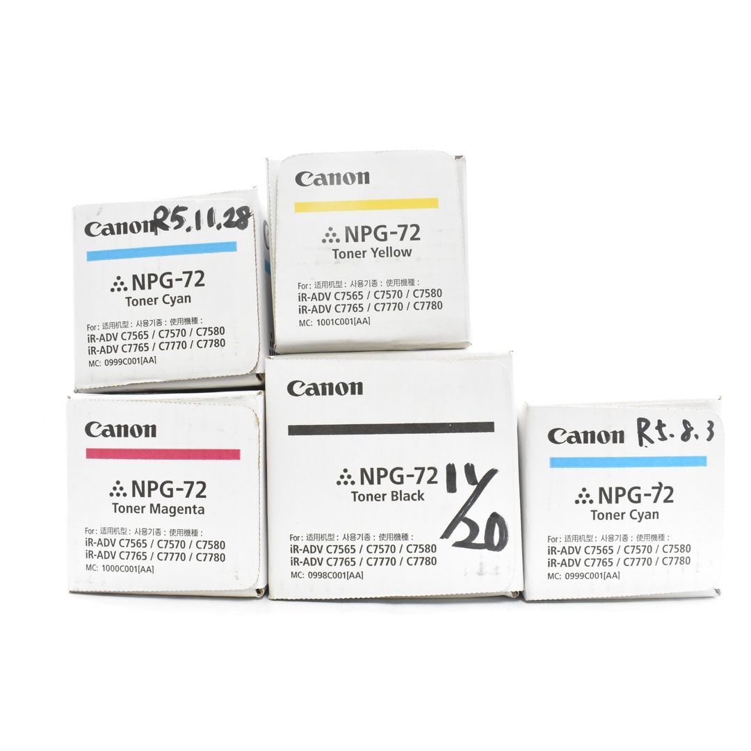 未使用 CANON 純正 トナー NPG-72 4色5本（マゼンタ・イエロー・ブラック×各1 / シアン×2）  キャノン ITH6TKMN1YOM-YR-N36-byebye インテリア/住まい/日用品のオフィス用品(OA機器)の商品写真