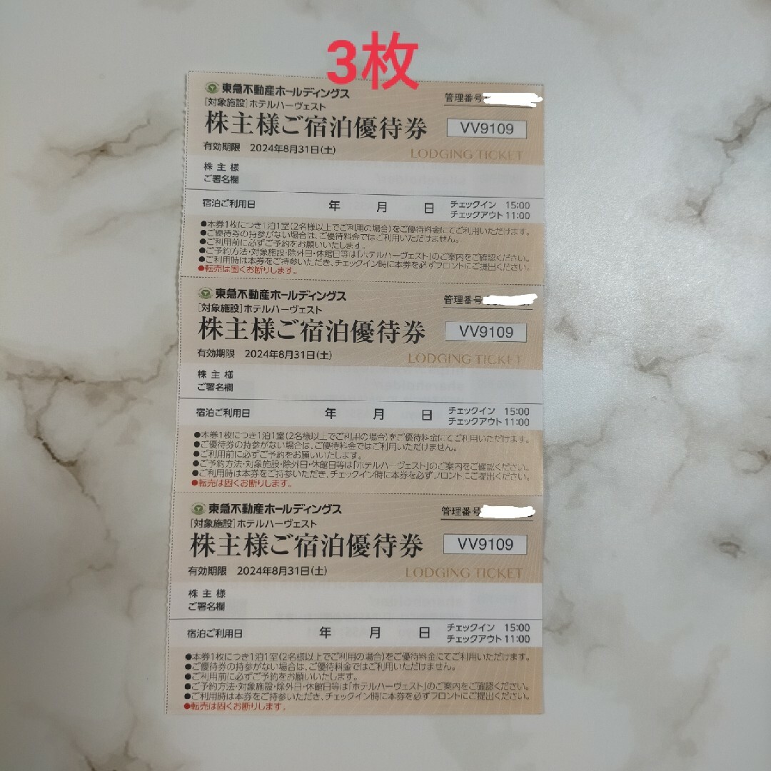 東急ハーヴェスト　株主優待　3枚 チケットの優待券/割引券(宿泊券)の商品写真