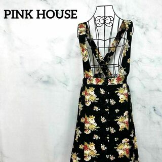 ピンクハウス(PINK HOUSE)のピンクハウス　ジャンパースカート　花柄　黒地　ワンピース　スカート　Aライン(その他)
