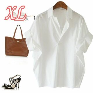XLレディース スキッパーシャツ ブラウス 長袖 オフィス 韓国 大きいサイズ(Tシャツ(半袖/袖なし))