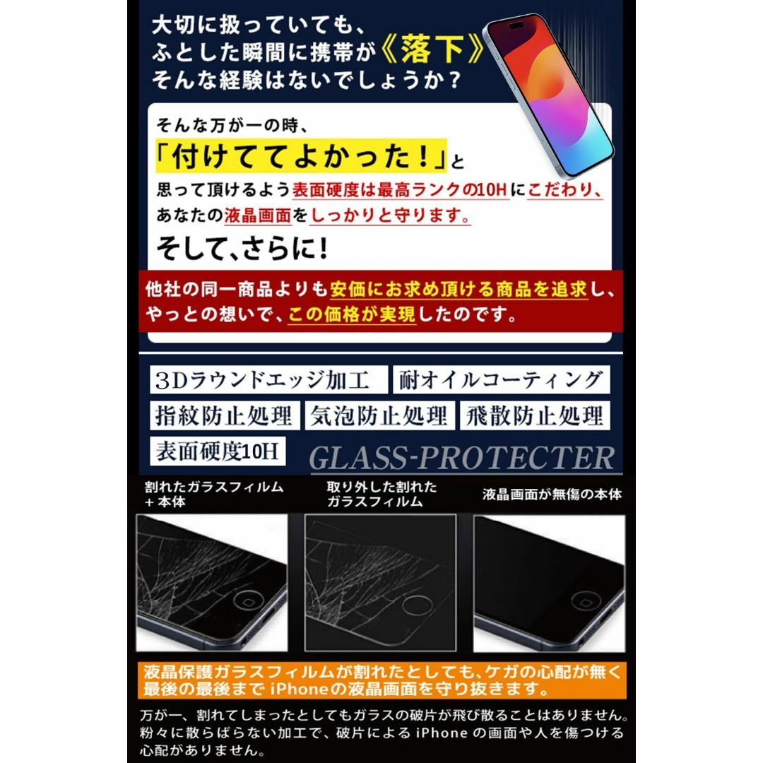 【ブルーライトカット】 iPhone15 ガラスフィルム 日本旭硝子素材製 iP スマホ/家電/カメラのスマホアクセサリー(その他)の商品写真