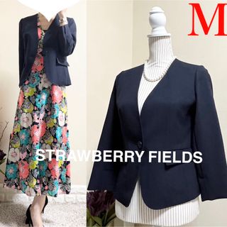 ストロベリーフィールズ(STRAWBERRY-FIELDS)の極美品！ストロベリーフィールズ サマージャケット　ノーカラージャケット　濃紺　M(ノーカラージャケット)