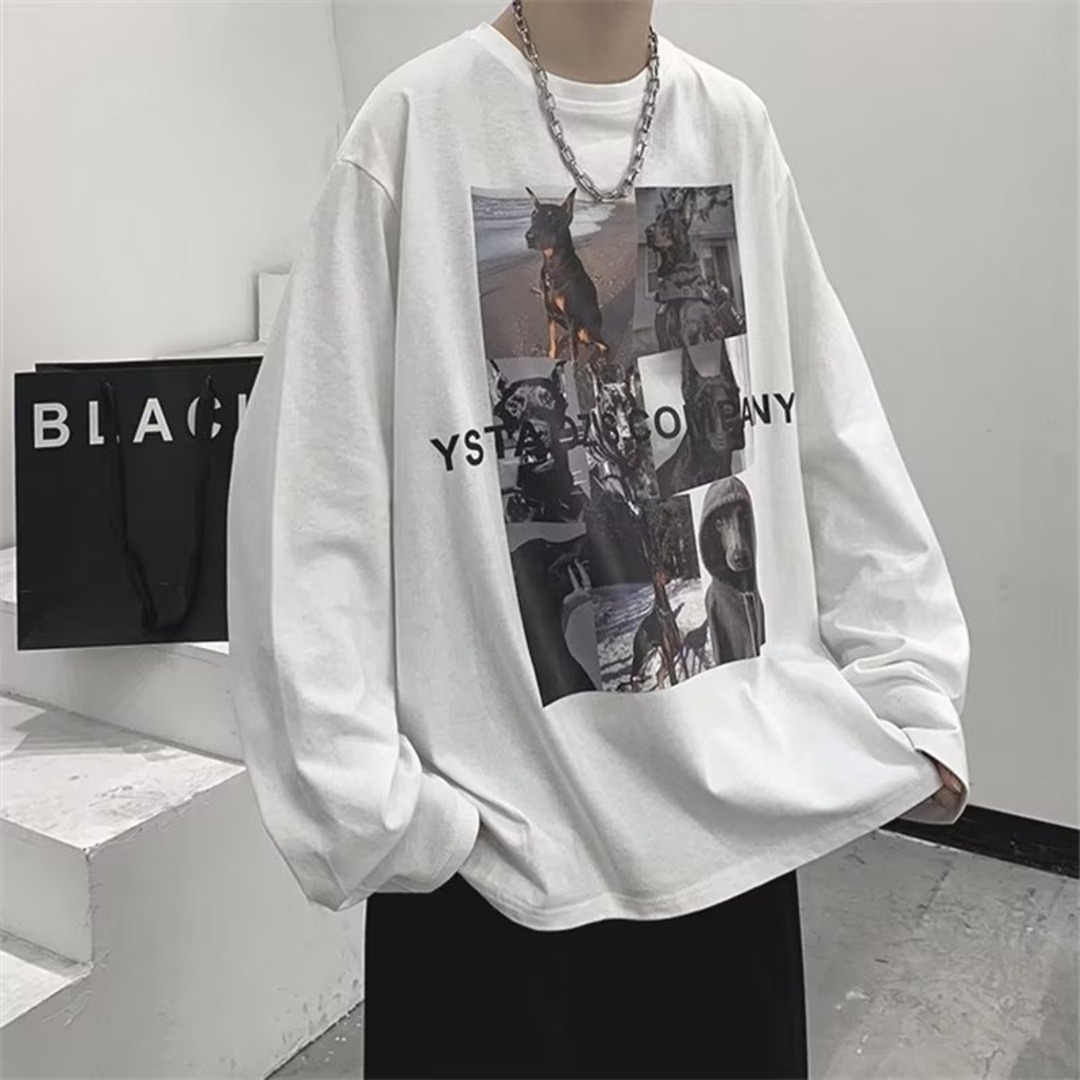 メンズ　長袖　ロンT　XL　ホワイト　プリント　シンプル　韓国　原宿系　ゆったり メンズのトップス(Tシャツ/カットソー(七分/長袖))の商品写真