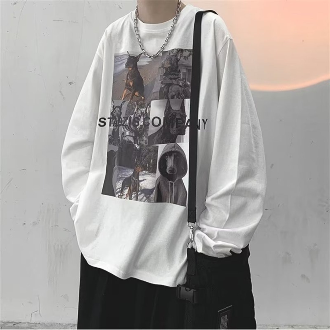 メンズ　長袖　ロンT　XL　ホワイト　プリント　シンプル　韓国　原宿系　ゆったり メンズのトップス(Tシャツ/カットソー(七分/長袖))の商品写真