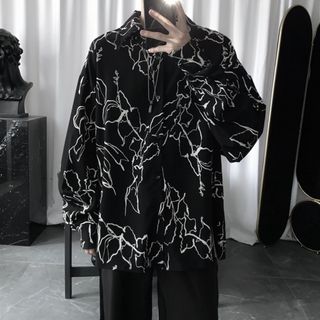 春 シャツ 総柄 ヒップホップ 2XL ビッグシルエット 長袖 メンズ 韓国 黒(シャツ)