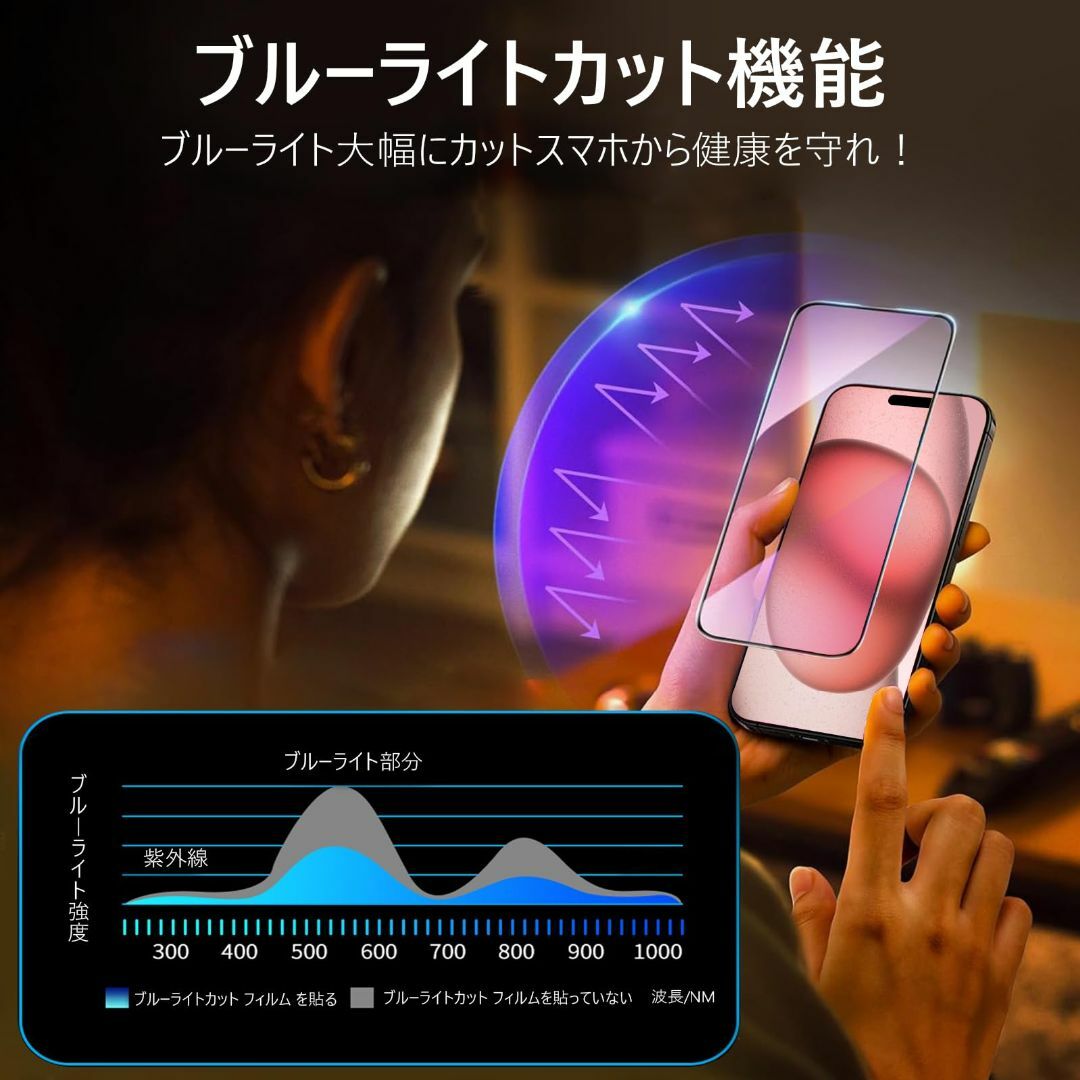 【ブルーライトカット】iPhone15 ガラスフィルム ブルーライト (2枚)  スマホ/家電/カメラのスマホアクセサリー(その他)の商品写真