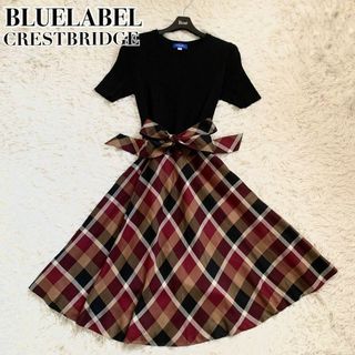 ブルーレーベルクレストブリッジ(BLUE LABEL CRESTBRIDGE)の極美品✨ブルーレーベル ワンピース チェック ドッキング フレア リボン 赤(ひざ丈ワンピース)