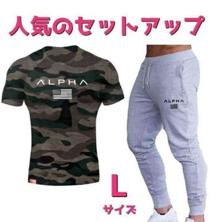 Tシャツ×スウェットジョガーパンツセットアップメンズジムウェアLサイズ迷彩×灰色(Tシャツ/カットソー(半袖/袖なし))