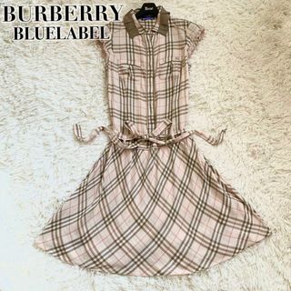 バーバリーブルーレーベル(BURBERRY BLUE LABEL)の美品✨バーバリー ワンピース ノバチェック ホースロゴ フリル リボン ピンク(ひざ丈ワンピース)