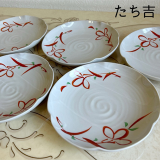 タチキチ(たち吉)のたち吉　赤絵　中皿　5枚セット　うず花紋　輪花皿　盛皿　粉引き　和食器　土物白釉(食器)
