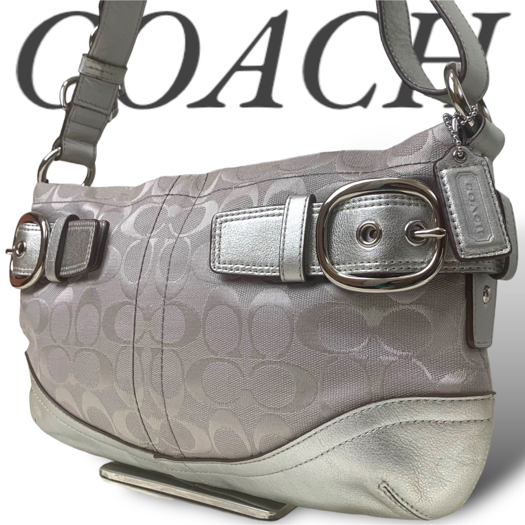 COACH(コーチ)の極美品 コーチ ワンショルダーバッグ シグネチャー キャンバスレザー シルバー レディースのバッグ(ショルダーバッグ)の商品写真