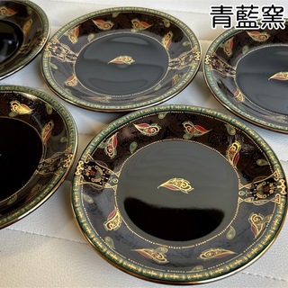 アリタヤキ(有田焼)の有田焼　青藍窯　金彩　銘々皿揃　5枚セット　黒　ゴールド　取り皿　ケーキ皿　中皿(食器)