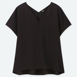 ユニクロ(UNIQLO)のユニクロ　ドレープVネックブラウス（半袖）　ブラック(シャツ/ブラウス(半袖/袖なし))