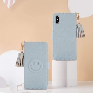 スマホケース iPhone かわいい スマイリー 手帳型ケース ブルー(iPhoneケース)