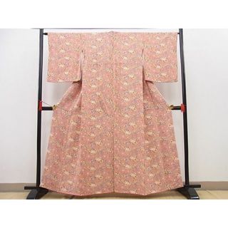 平和屋野田店■上質な小紋　型染め　牡丹草花文　鬼しぼ縮緬　逸品　BAAC8605pk(着物)