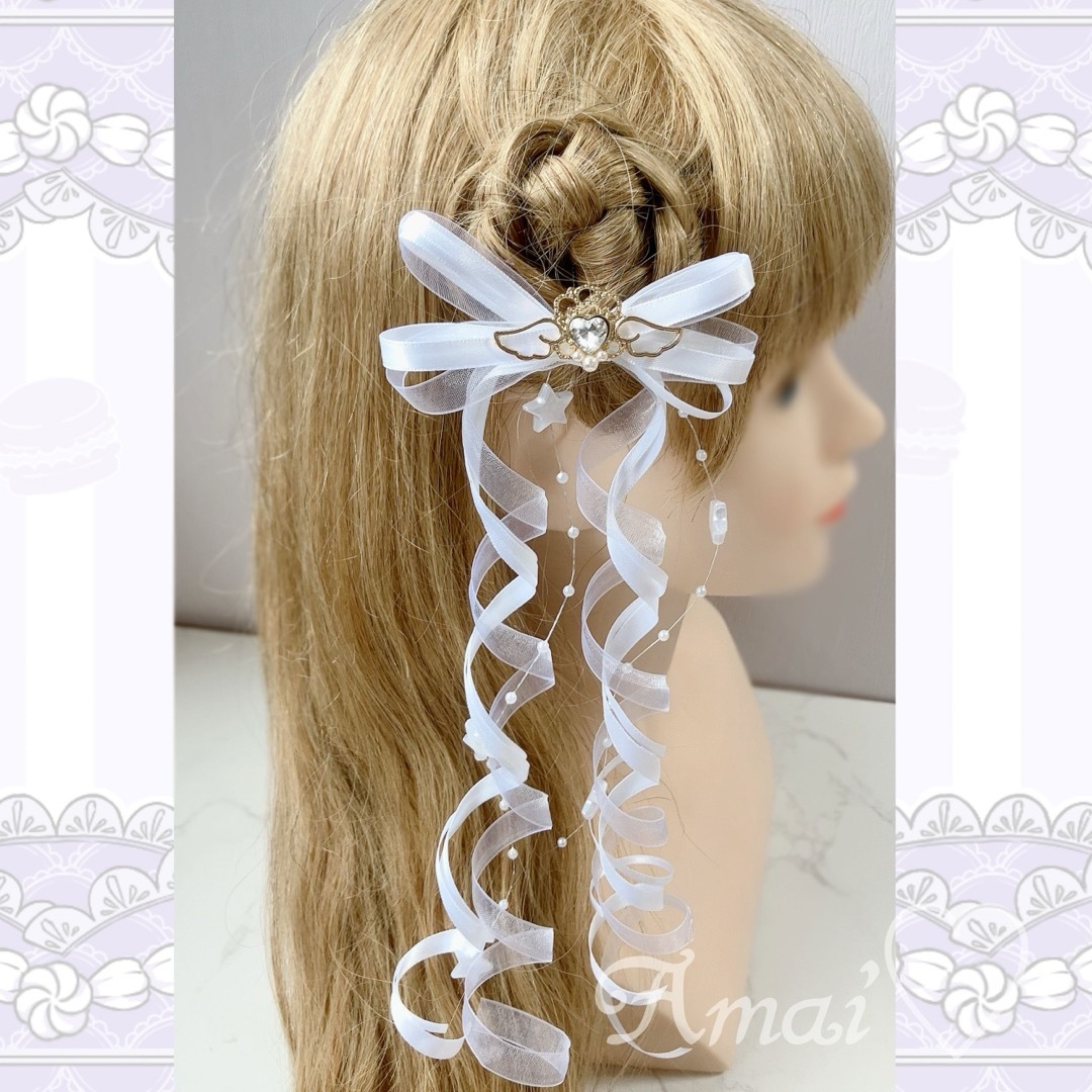 天使の羽♡星型パールガーランド♡カールリボン♡白/3色/量産型/ヘアメ レディースのヘアアクセサリー(ヘアピン)の商品写真