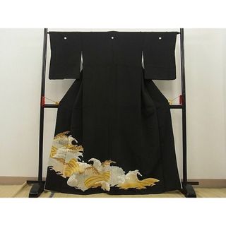 平和屋野田店■豪華黒留袖　駒刺繍　立波文様　金銀彩　逸品　BAAC2643jr(着物)