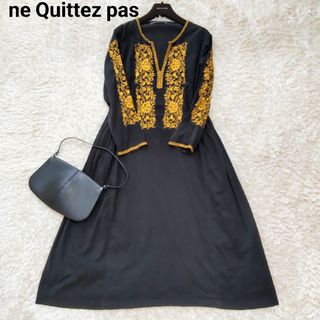 ヌキテパ(ne Quittez pas)のヌキテパ キーネック 刺繍 コットン Aライン ワンピース エンブロイダリー(ひざ丈ワンピース)