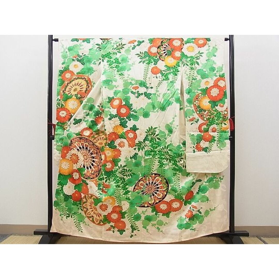 平和屋野田店■豪華振袖　駒刺繍　源氏車菊花文　金彩　逸品　BAAC1830hv レディースの水着/浴衣(振袖)の商品写真