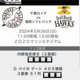 千葉ロッテマリーンズ　vs ソフトバンクホークス　観戦チケット　2枚(野球)