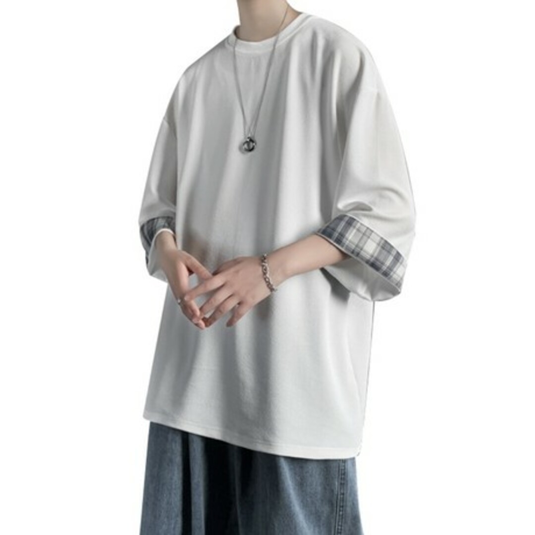 七分袖 Tシャツ チェック柄 ビッグシルエット オーバーサイズ カジュアル メンズのトップス(Tシャツ/カットソー(七分/長袖))の商品写真