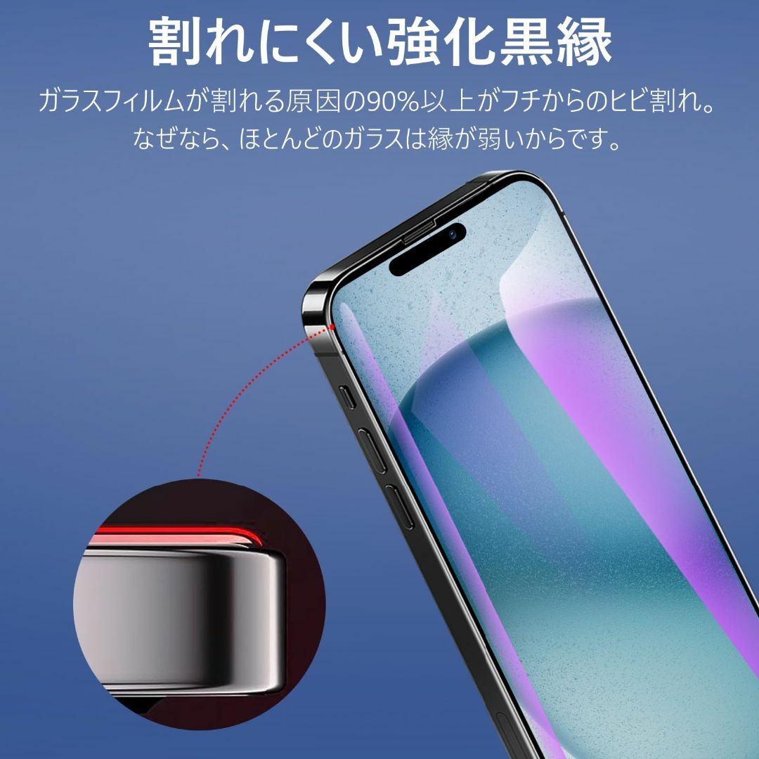 【ブルーライトカット】iphone15Pro ガラスフィルム ブルーライト［2枚 スマホ/家電/カメラのスマホアクセサリー(その他)の商品写真