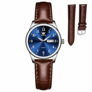 【色: ブルー　茶革　5006】OLEVS 腕時計 レディース アナログクオーツ(腕時計)